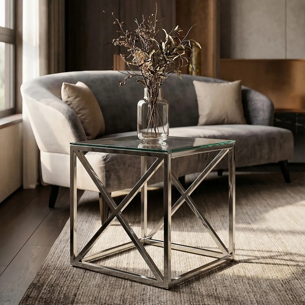Silver Finish Square Side Table with Glass Top