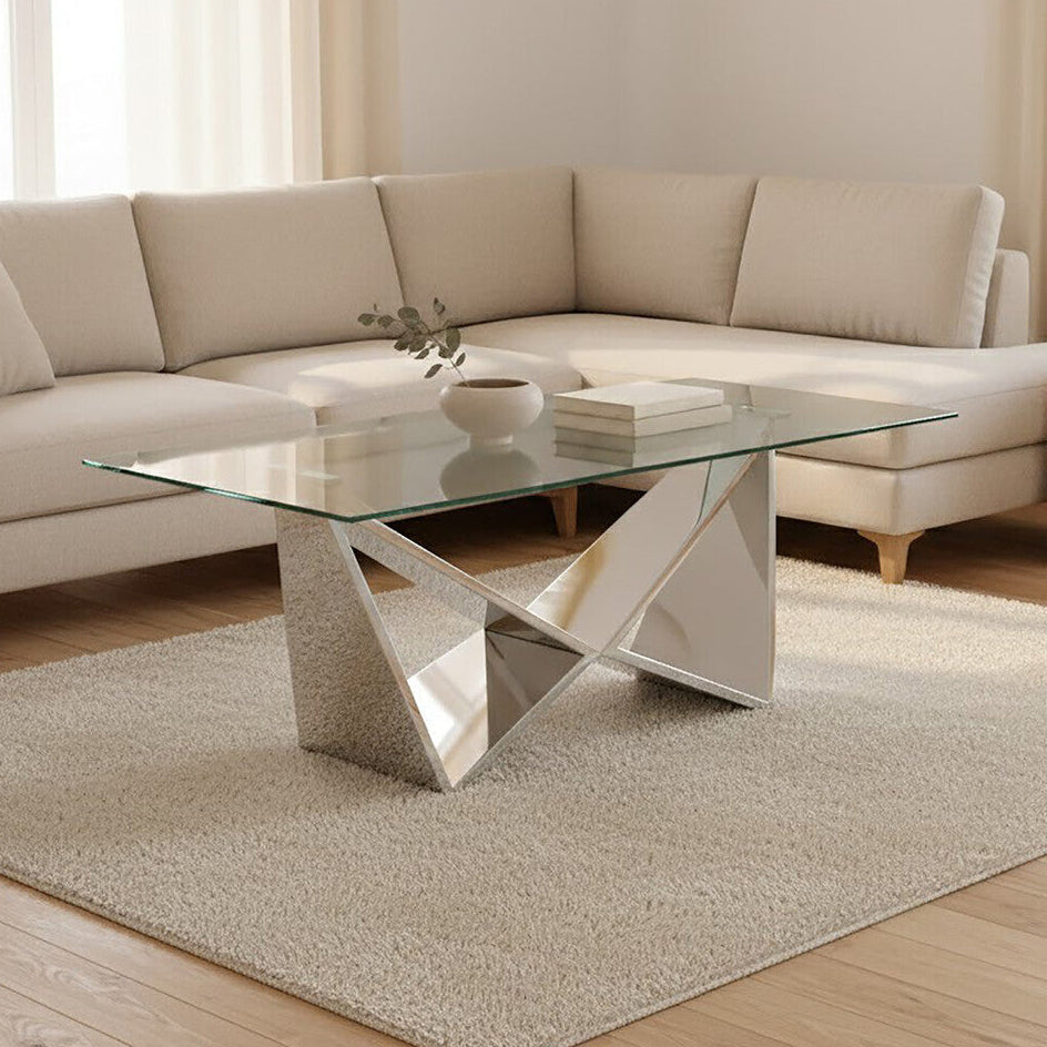 Silver Finish Rectangular Coffee Table with Wing Base
