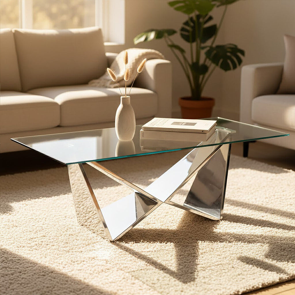 Silver Finish Rectangular Coffee Table with Wing Base