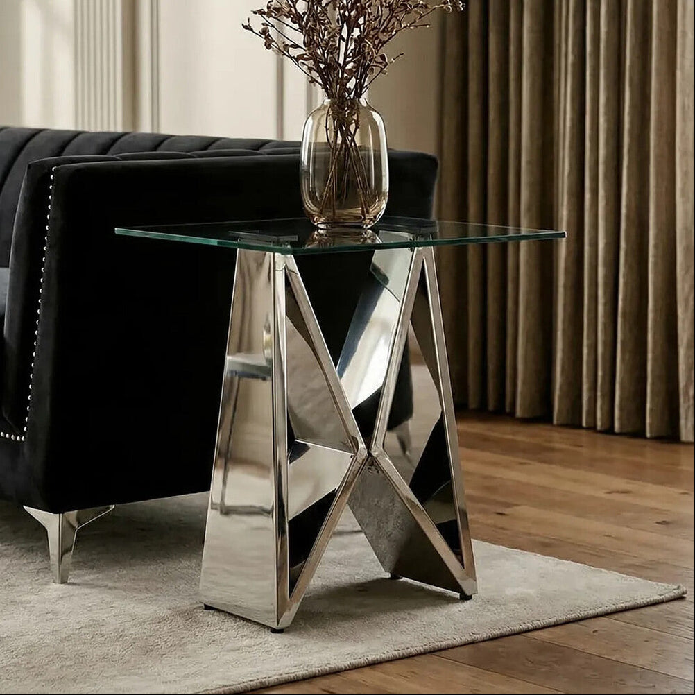 Clear Glass Side Table with Chrome Finish Frame