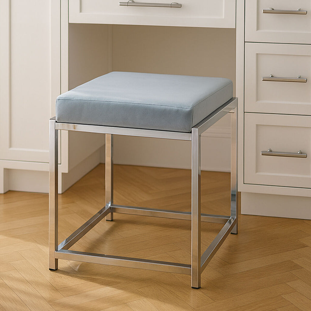 Powder Blue Velvet Square Stool with Silver Finish Base