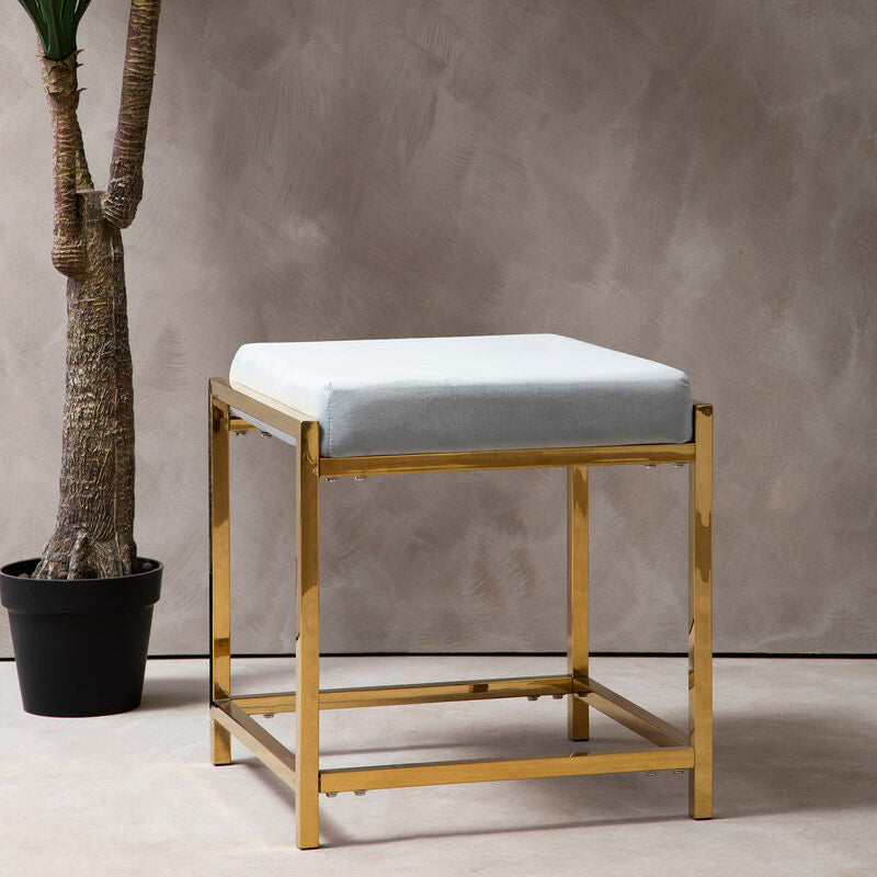 Powder Blue Velvet Square Stool with Gold Finish Base