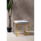 Powder Blue Velvet Square Stool with Gold Finish Base