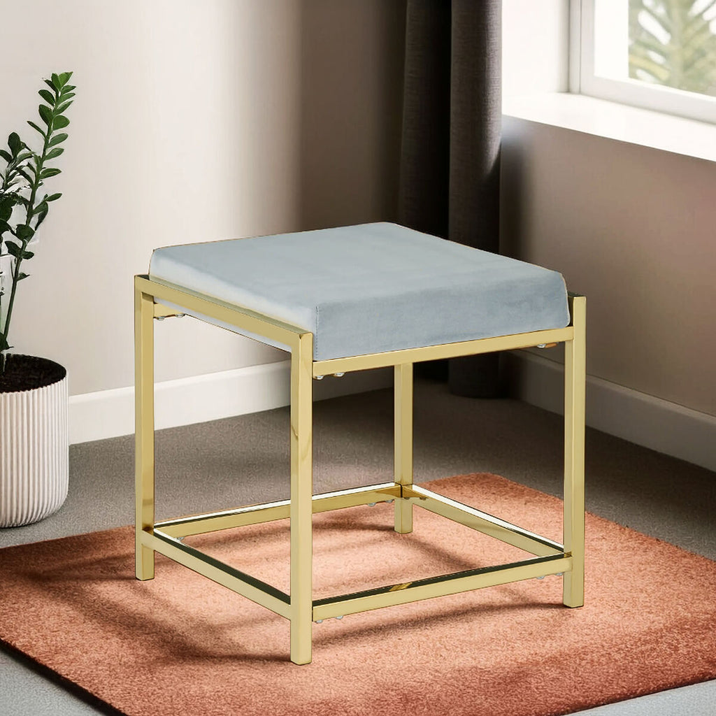Powder Blue Velvet Square Stool with Gold Finish Base