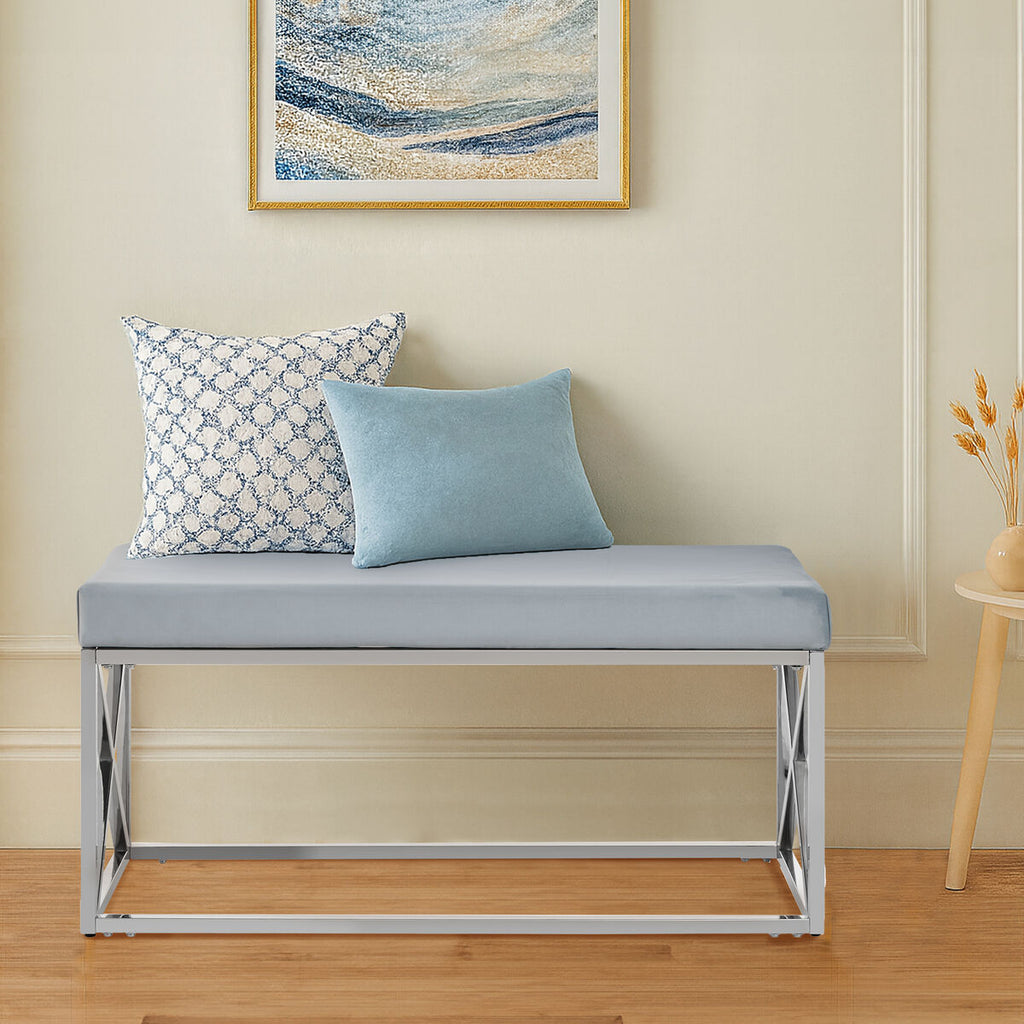Powder Blue Velvet Bench with Silver Finish Base