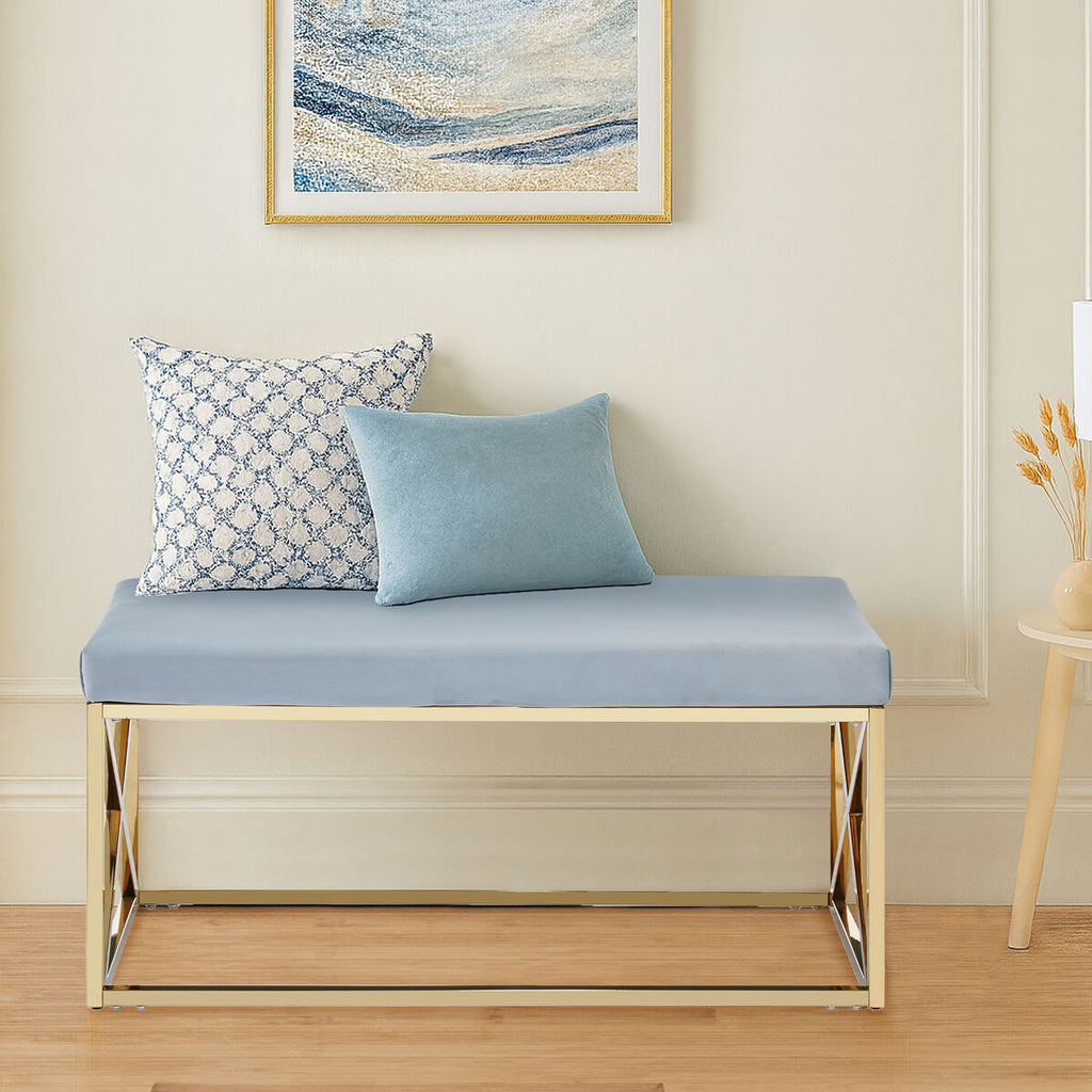 Powder Blue Velvet Bench with Gold Finish Base