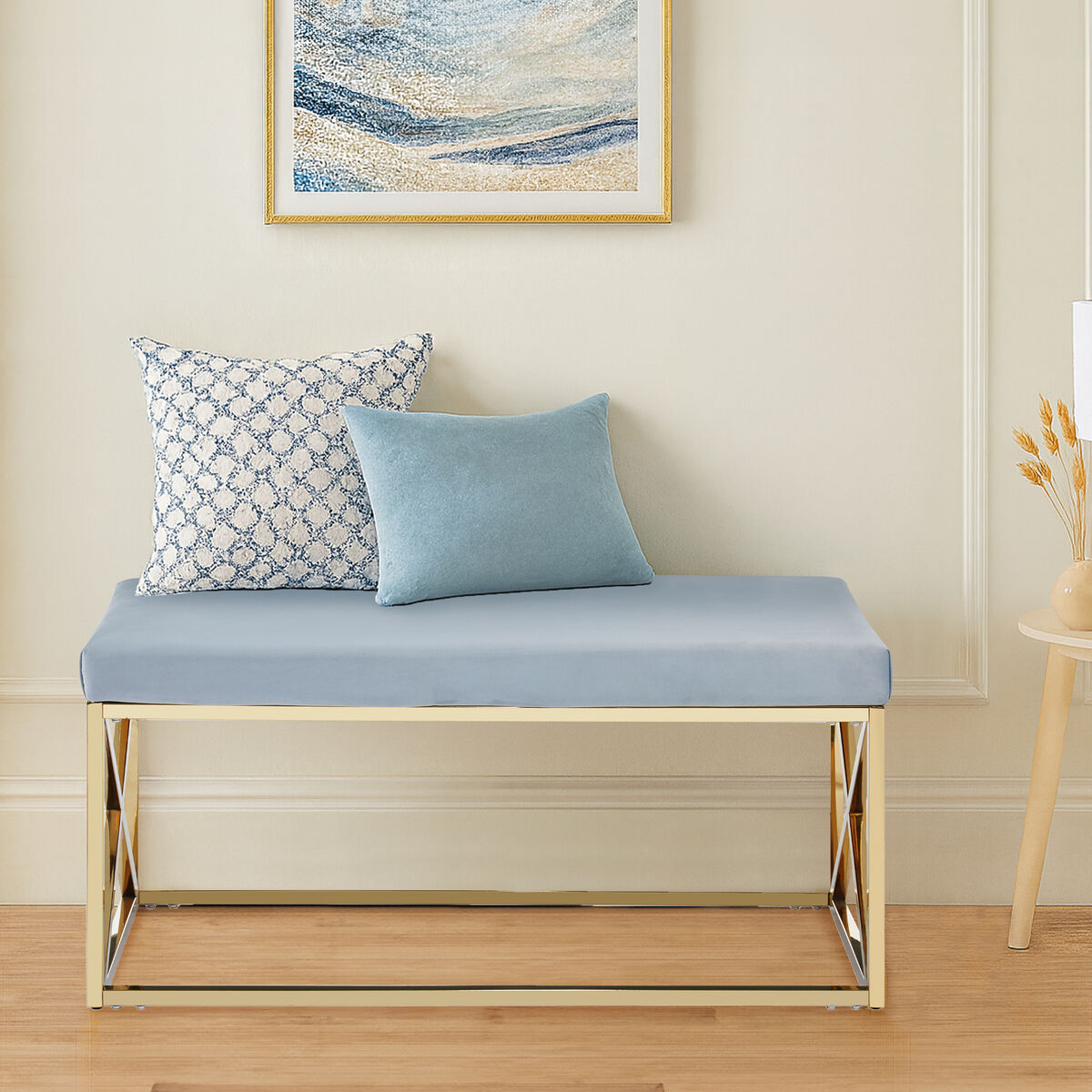 Powder Blue Velvet Bench with Gold Finish Base