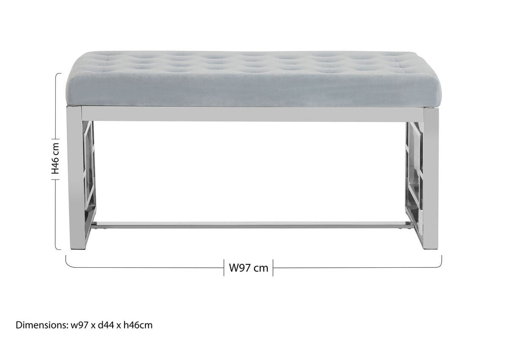 Powder Blue Velvet Bench with Square Side Detail Silver Base
