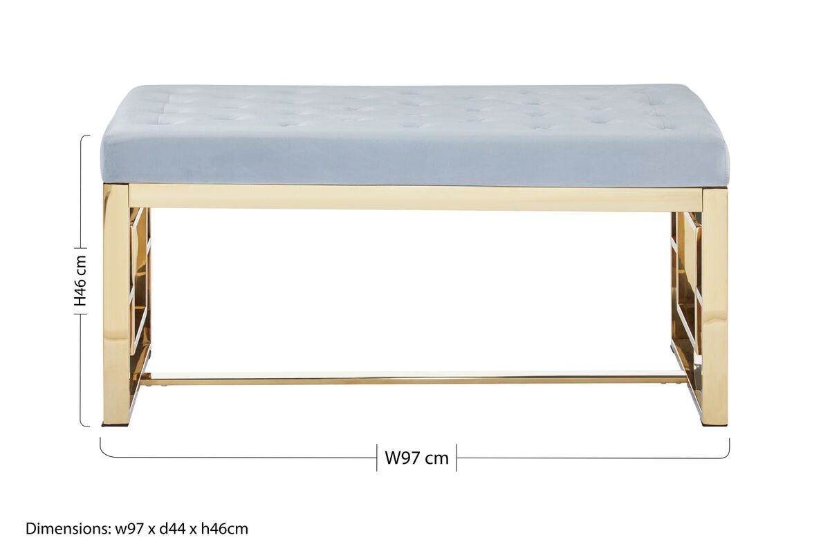 Powder Grey Velvet Bench with Gold Finish Base