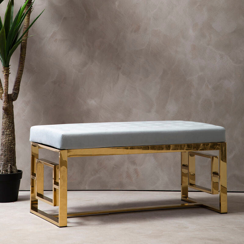 Powder Grey Velvet Bench with Gold Finish Base