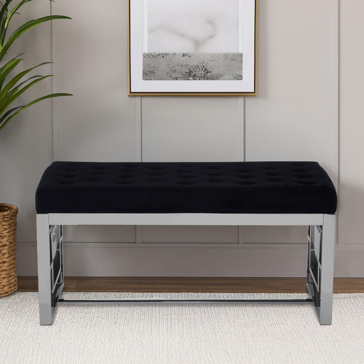 Black Velvet Bench with Silver Finish Base