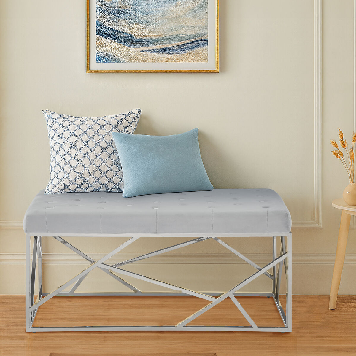 Powder Blue Velvet Bench with Geometric Silver Finish Base