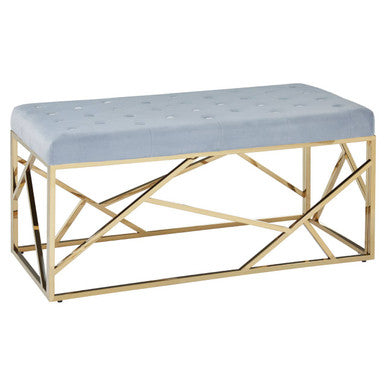 Powder Blue Velvet Bench with Geometric Gold Finish Base