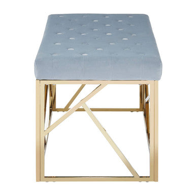 Powder Blue Velvet Bench with Geometric Gold Finish Base