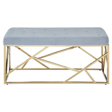 Powder Blue Velvet Bench with Geometric Gold Finish Base