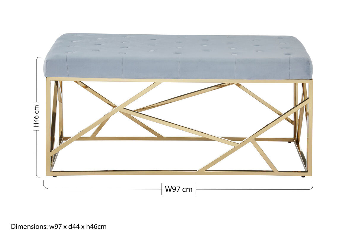 Powder Blue Velvet Bench with Geometric Gold Finish Base