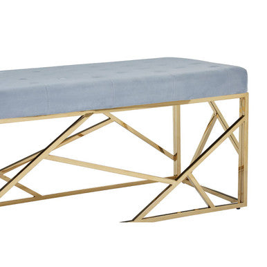 Powder Blue Velvet Bench with Geometric Gold Finish Base
