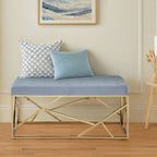 Powder Blue Velvet Bench with Geometric Gold Finish Base