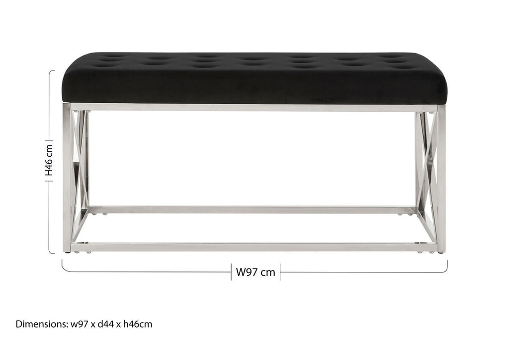 Black Velvet Tufted Bench with Silver Finish Base
