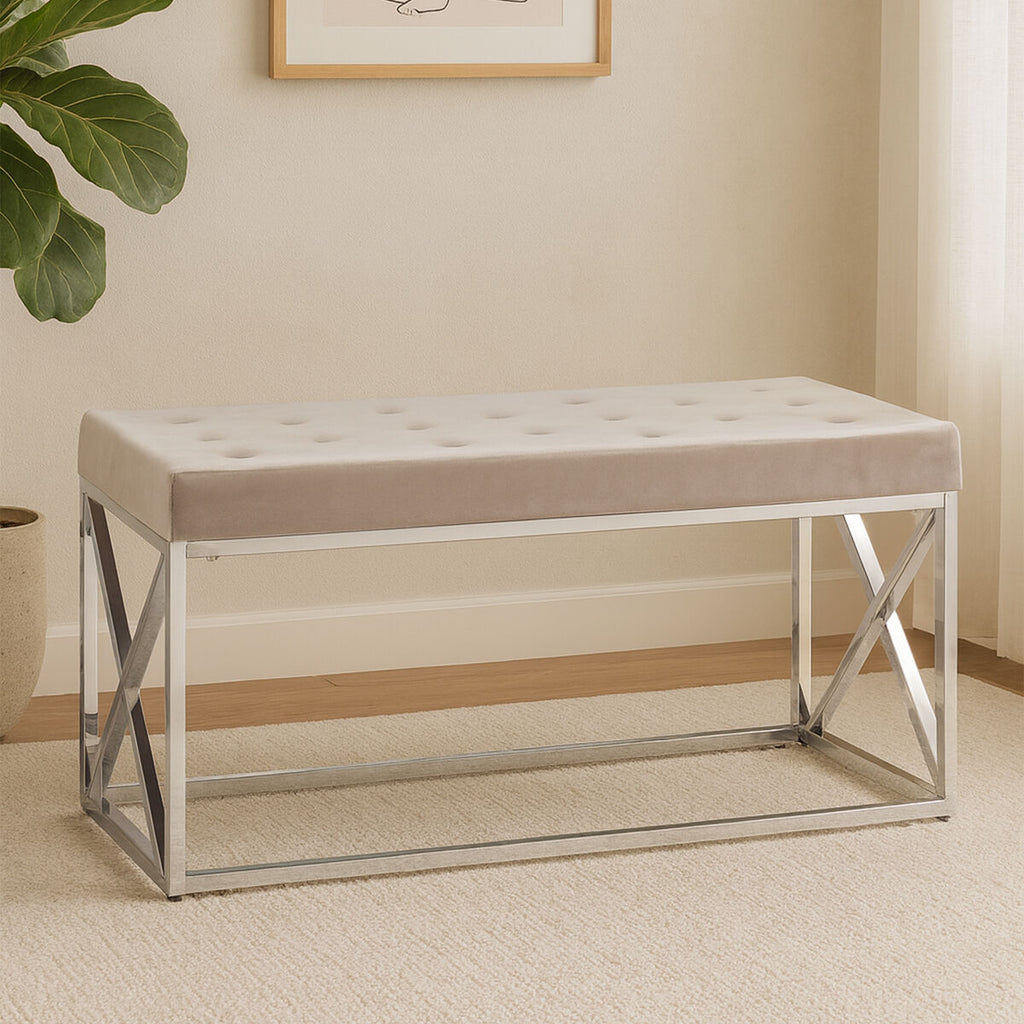 Mink Velvet Bench with Silver Finish Base