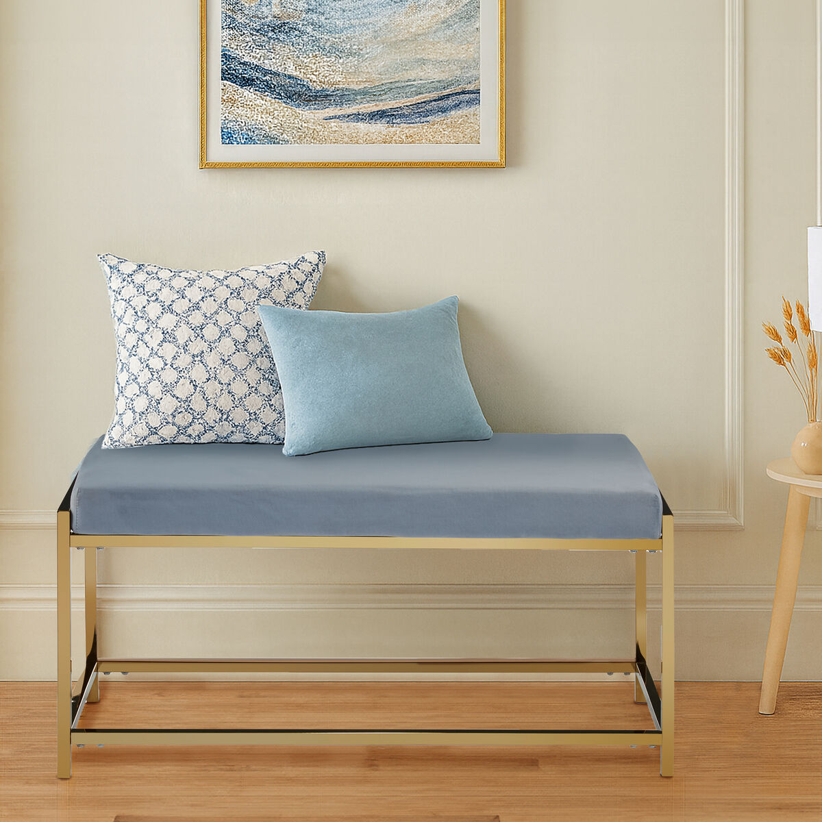 Powder Blue Velvet Bench with Gold Finish Frame