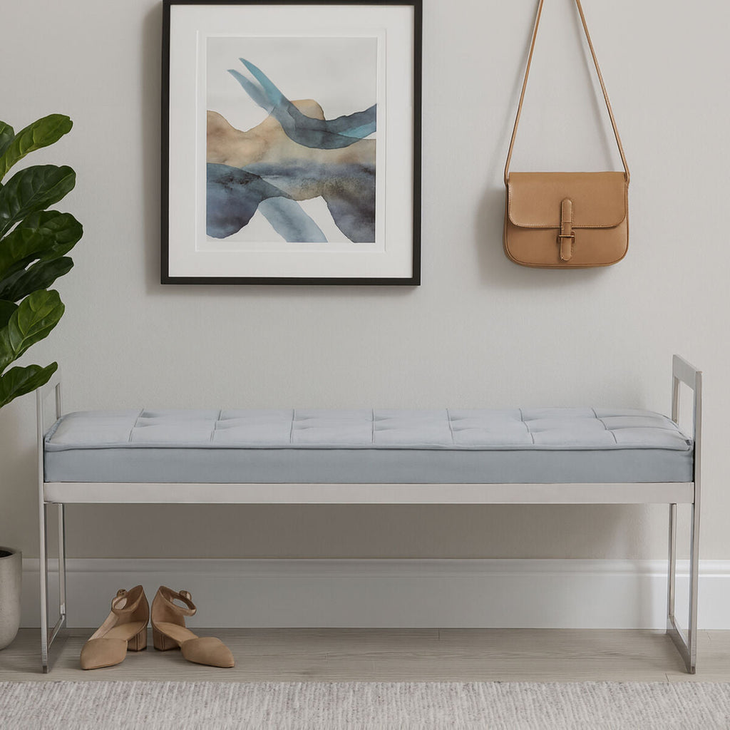 Powder Blue Velvet and Silver Finish Long Bench
