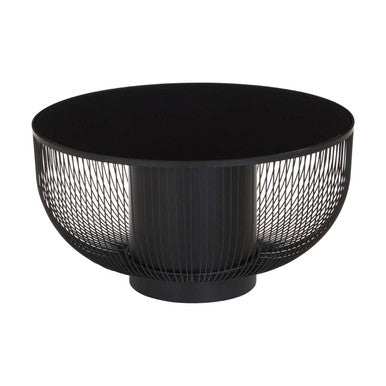 Black Glass and Metal Round Coffee Table with Cylindrical Base