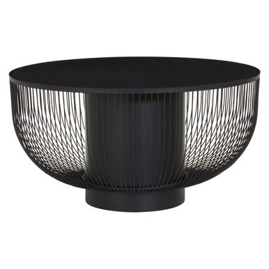Black Glass and Metal Round Coffee Table with Cylindrical Base
