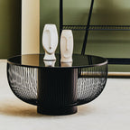 Black Glass and Metal Round Coffee Table with Cylindrical Base