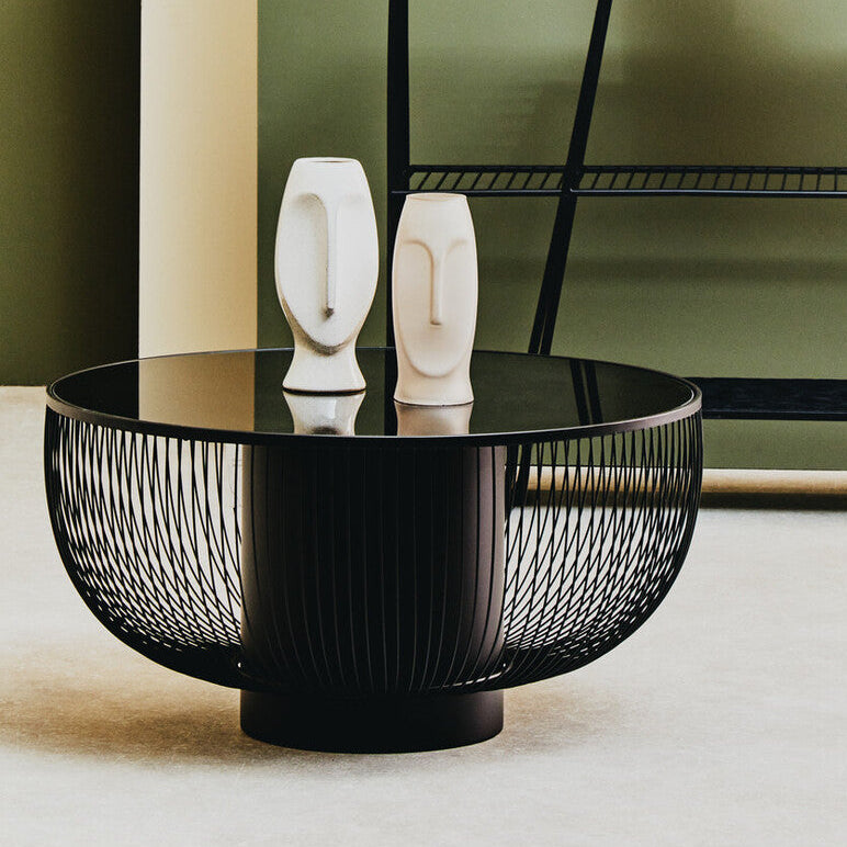 Black Glass and Metal Round Coffee Table with Cylindrical Base