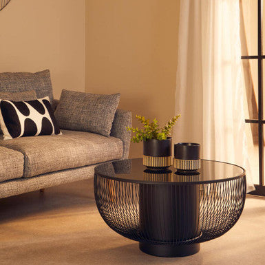 Black Glass and Metal Round Coffee Table with Cylindrical Base