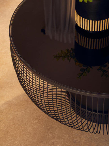 Black Glass and Metal Round Coffee Table with Cylindrical Base