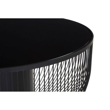 Black Glass and Metal Round Coffee Table with Cylindrical Base