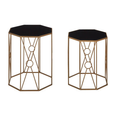 Black Glass and Copper Finish Set of 2 Hexagon Side Tables