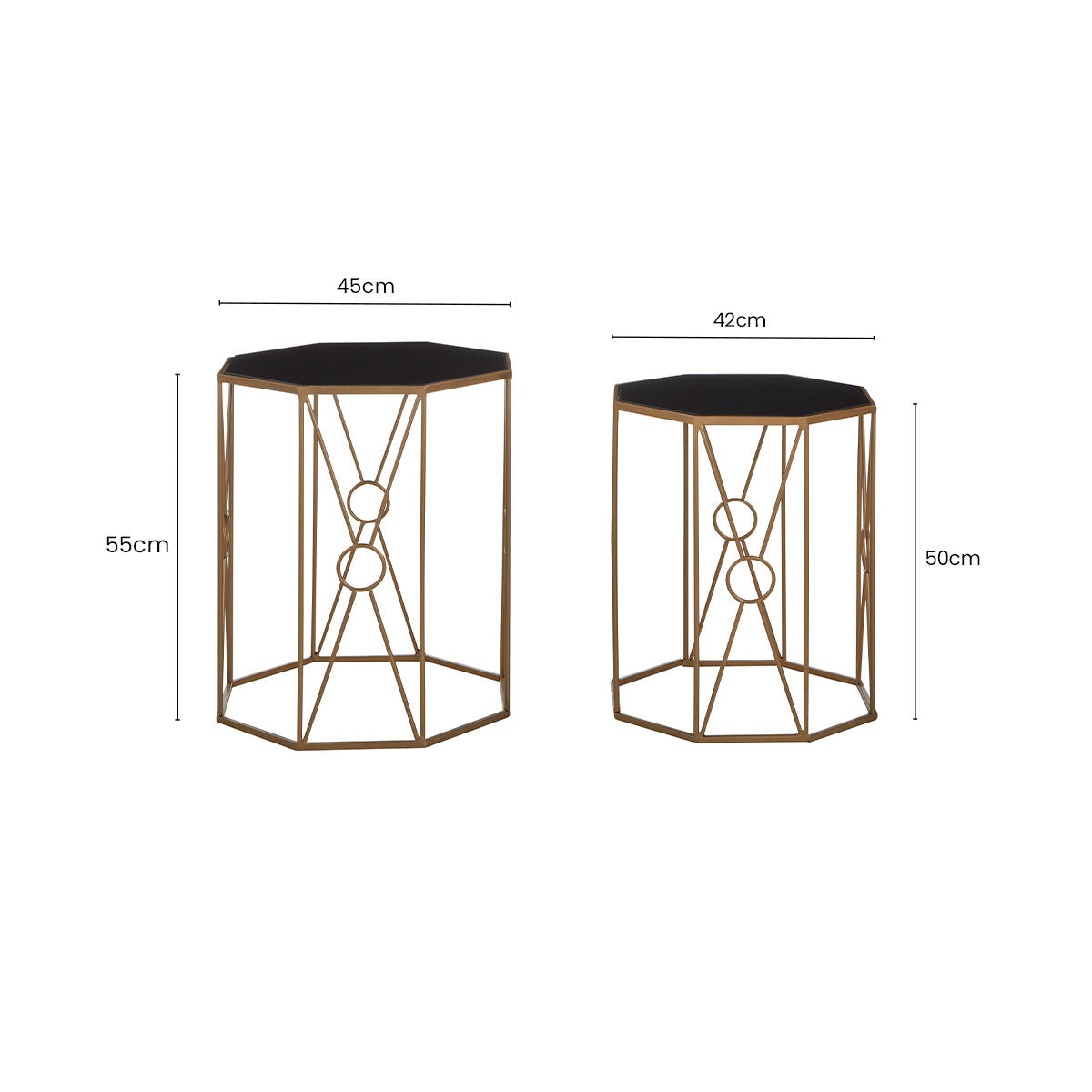 Black Glass and Copper Finish Set of 2 Hexagon Side Tables