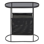 Grey Glass Top Side Table with Black Metal Frame and Hanging Mesh Shelf