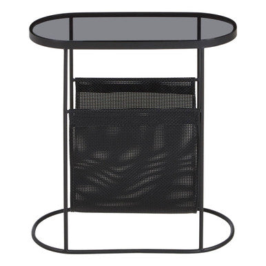 Grey Glass Top Side Table with Black Metal Frame and Hanging Mesh Shelf