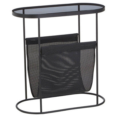 Grey Glass Top Side Table with Black Metal Frame and Hanging Mesh Shelf