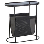 Grey Glass Top Side Table with Black Metal Frame and Hanging Mesh Shelf