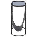 Grey Glass Top Side Table with Black Metal Frame and Hanging Mesh Shelf
