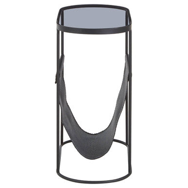 Grey Glass Top Side Table with Black Metal Frame and Hanging Mesh Shelf