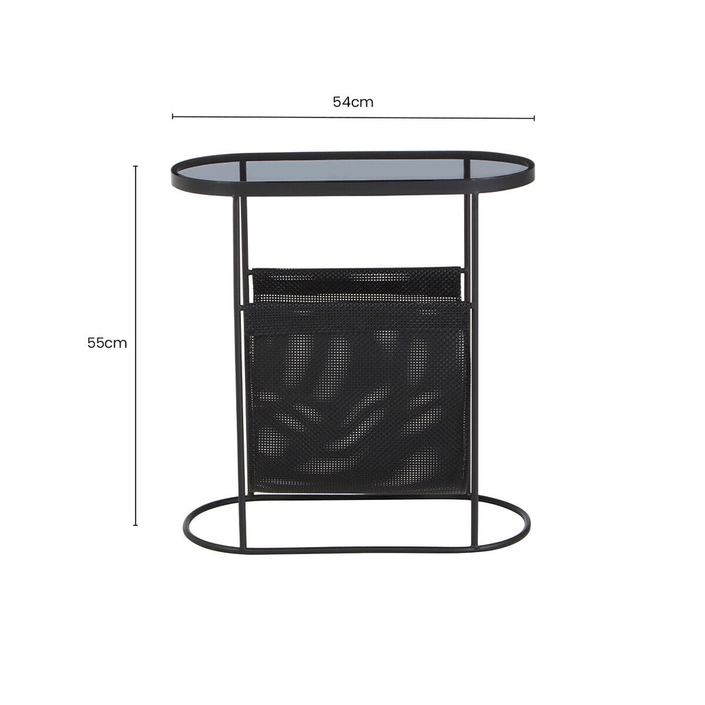 Grey Glass Top Side Table with Black Metal Frame and Hanging Mesh Shelf