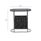 Grey Glass Top Side Table with Black Metal Frame and Hanging Mesh Shelf