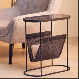 Grey Glass Top Side Table with Black Metal Frame and Hanging Mesh Shelf