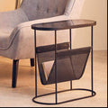 Grey Glass Top Side Table with Black Metal Frame and Hanging Mesh Shelf