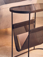 Grey Glass Top Side Table with Black Metal Frame and Hanging Mesh Shelf