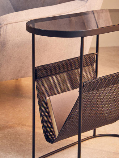 Grey Glass Top Side Table with Black Metal Frame and Hanging Mesh Shelf