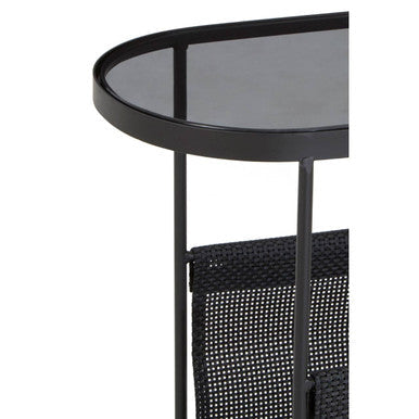 Grey Glass Top Side Table with Black Metal Frame and Hanging Mesh Shelf