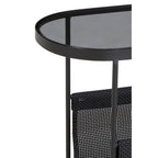 Grey Glass Top Side Table with Black Metal Frame and Hanging Mesh Shelf