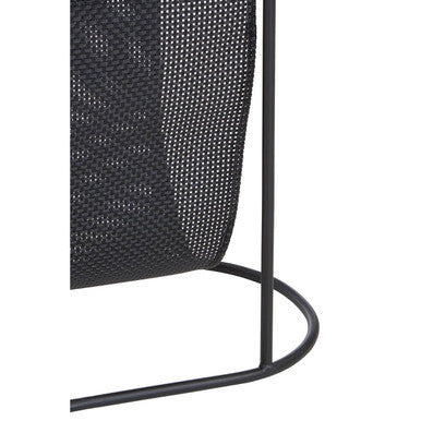 Grey Glass Top Side Table with Black Metal Frame and Hanging Mesh Shelf